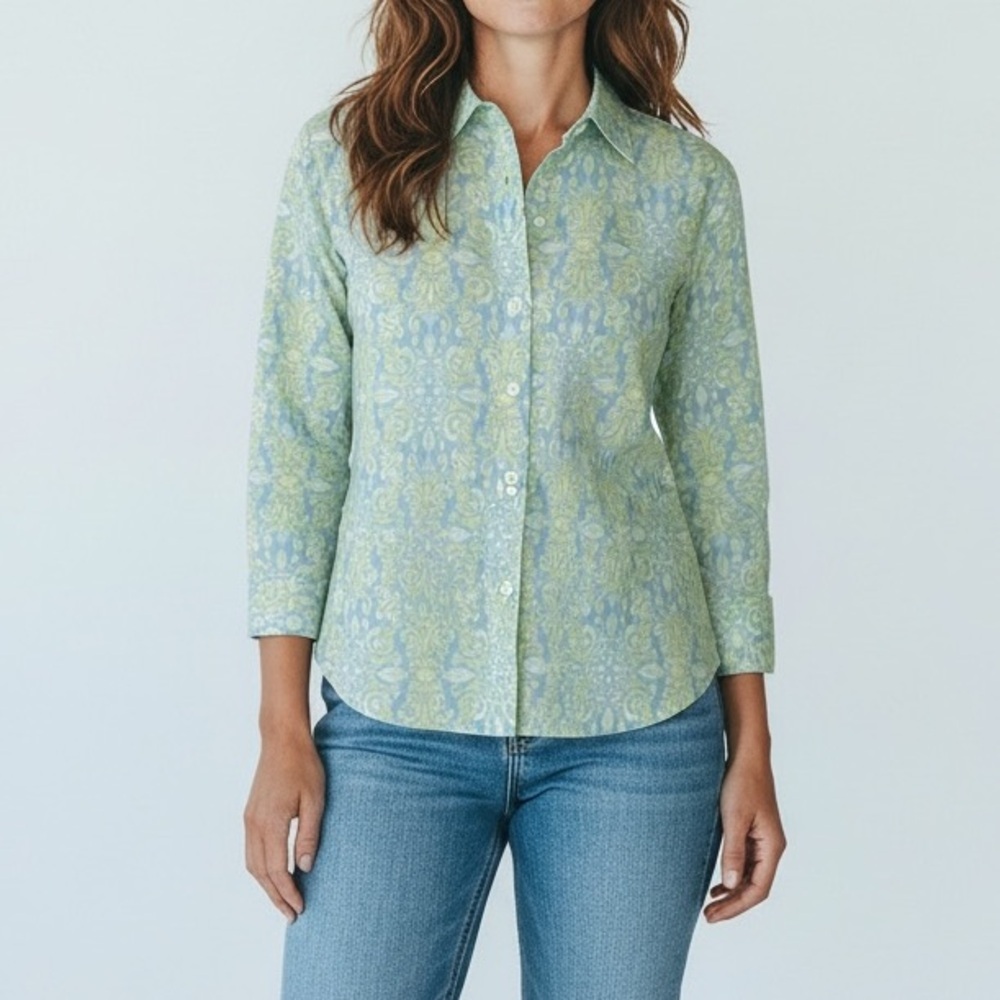 J McLaughlin Womens Blue Yellow Button Down Medallion‎ Blouse Top Cotton Silk XS